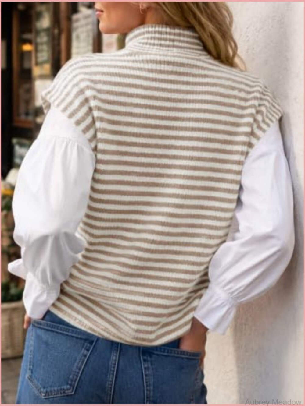 Womens Striped Zip Up Cardigan Mock Neck Cap Sleeve Sweater Vest Knit Top - Picture 6 of 6